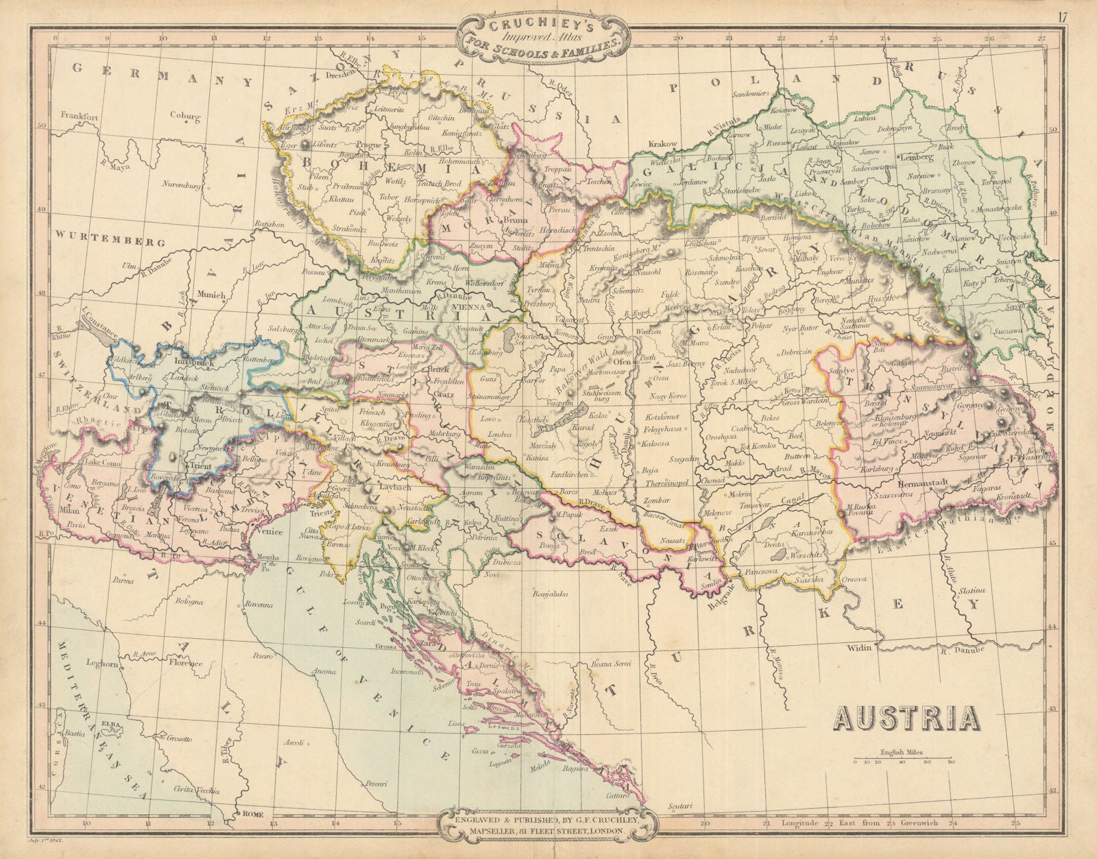 Austrian Empire. Venetian Lombardy. Antique map by George Cruchley 1843